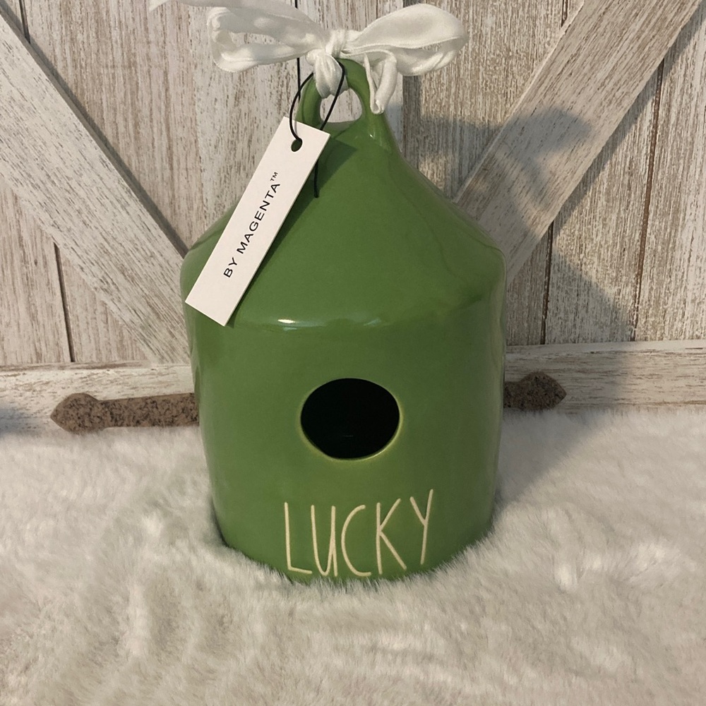Rae Dunn Magenta Green Ceramic Lucky Birdhouse with White Ribbon
